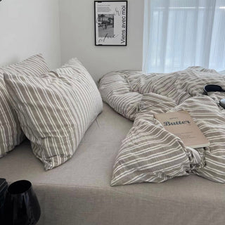 Greige White Stripe Cotton Duvet Cover Set  All Season