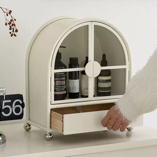 Door-equipped arched cosmetic storage display rack white cabinet
