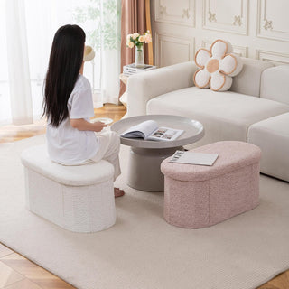 Folding Oval Boucle Storage Stool  Ottoman Bench Stool Storage Storage Box