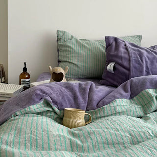 Green Purple Pin Stripe Cotton Fleece Winter Duvet Cover Set