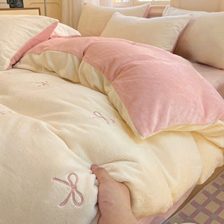 Ribbon embroidery two-tone milk velvet winter duvet cover set