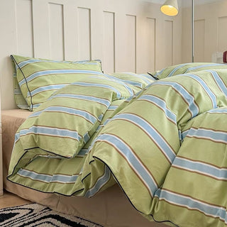 Green Mixed Color Wide Stripe Cotton Duvet Cover Set 2 Sizes  All Seasons