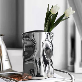 Silver color tall ceramic flower vase