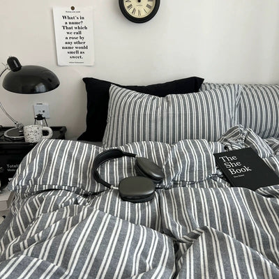 Gray and White Stripe Cotton Duvet Cover Set   All Seasons