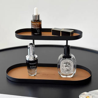 Iron Leather Oval Two-Tier Tray Storage Rack