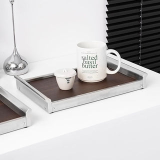 Stainless Steel Silver Wood Large Rectangular Tray  Accessory Tray Storage Cafe Tray