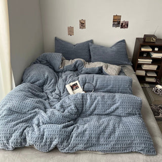 Blue Gray Thick Milk Fleece Winter Duvet Cover Set
