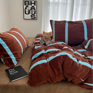 Brown Blue Wide Stripe Winter Duvet Cover Set