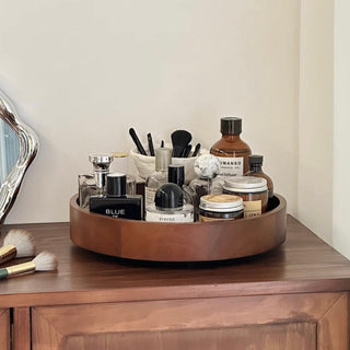 360 Degree Rotating Natural Wood Round Cosmetic Storage Tray