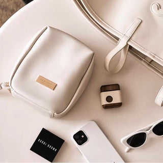 Square-shaped makeup and cosmetic storage pouch self-standing medium size white