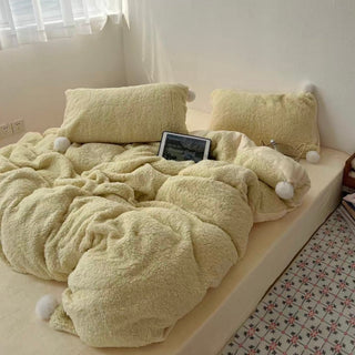 Yellow Pom-Pom Milk Velvet Winter Thick Duvet Cover Set