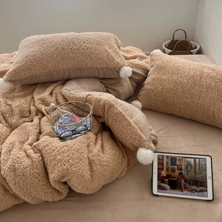 Brown Pom-pom Milk Velvet Winter Thick Duvet Cover Set