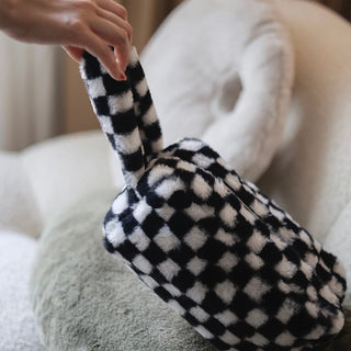 Checkerboard pattern faux fur pouch cosmetic storage bag