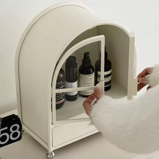 Door-equipped arched cosmetic storage display rack white cabinet