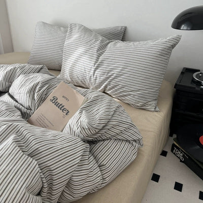 Beige pinstripe cotton duvet cover set 2 sizes  all-season