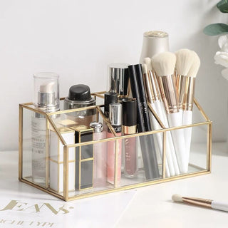 Gold Frame Clear Brush Stand Cosmetic Storage