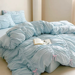 Color Gathered Romantic Ribbon Duvet Cover Set  All Seasons