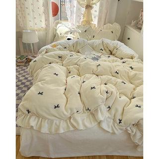 Ribbon pattern frill milk velvet winter duvet cover set 2 sizes