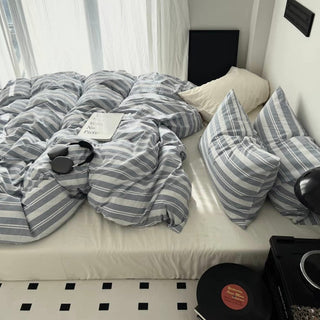 Blue Multi Stripe Cotton Duvet Cover Set 2 Sizes  All Seasons
