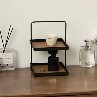 Handled Iron Leather Square Two-Tier Tray  Storage Rack Display