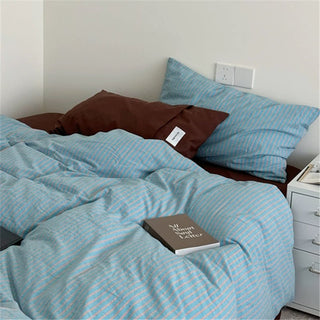 Blue Brown Pin Stripe Cotton Duvet Cover Set 2 Sizes  All Seasons