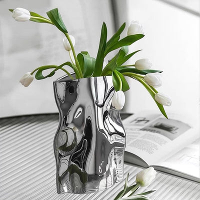 Silver color tall ceramic flower vase