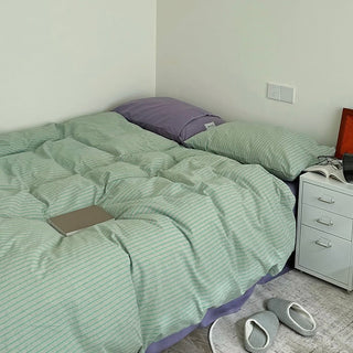 Green Purple Pin Stripe Cotton Duvet Cover Set 2 Sizes  All Seasons