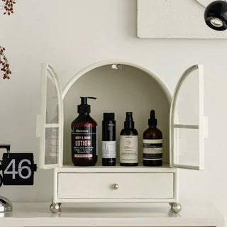 Door-equipped arched cosmetic storage display rack white cabinet