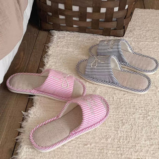 Ribbon embroidered striped linen room shoes  3 sizes indoor slippers.