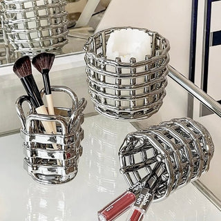 Silver Amiami Ceramic Brush Stand   Small Item Storage Candle Holder