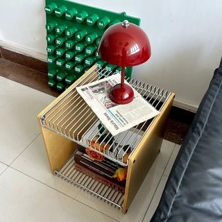 Wood x Stainless Steel Silver Storage Rack Side Table  Magazine Rack Wire Cube