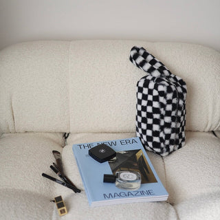 Checkerboard pattern faux fur pouch cosmetic storage bag