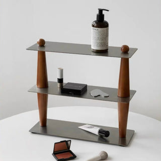 Wood Stainless Steel Three-Tier Storage Display Rack Brown