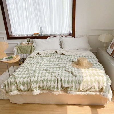 Checkerboard pattern fleece blanket.