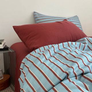 Red x Blue Stripe Soft Cotton Duvet Cover Set   Bed Cover  All Seasons