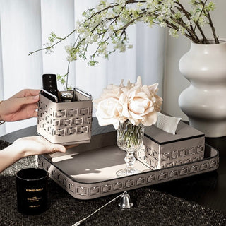 Piece Set: Braided Geometric Pattern Leather Tray Tissue Box Small Item Holder  Storage Brush Stand