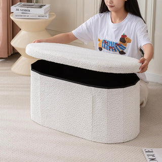 Folding Oval Boucle Storage Stool  Ottoman Bench Stool Storage Storage Box