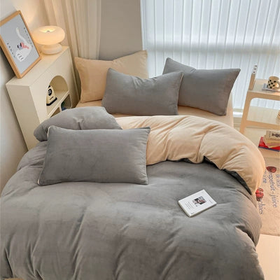 Gray Two-tone Simple Plain Milk Velvet Winter Duvet Cover Set Bed Cover Bedding Cover