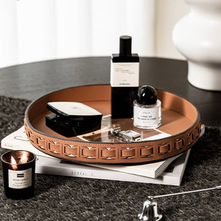 Braided Geometric Pattern Leather Round Tray  Storage