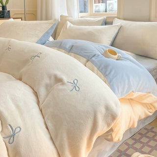 Ribbon embroidery two-tone milk velvet winter duvet cover set