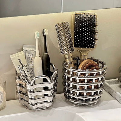 Silver Amiami Ceramic Brush Stand   Small Item Storage Candle Holder