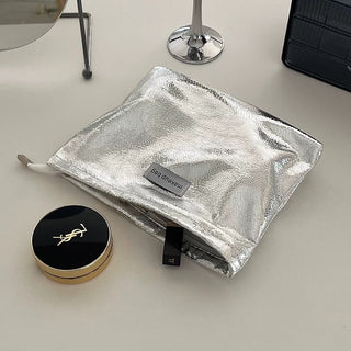 Metallic Silver Rectangular Flat Cosmetic Storage Pouch Large Capacity Organization