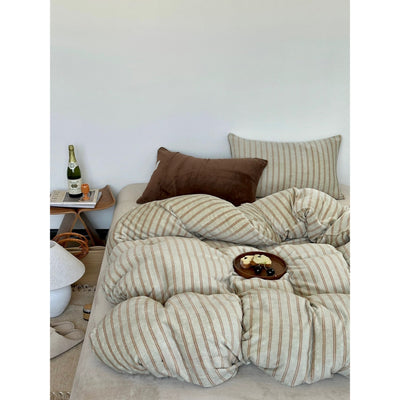 Beige Brown Double Stripe Milk Velvet Winter Duvet Cover Set