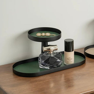Iron Leather Oval Round Two-Tier Tray  Storage Rack Cosmetic Storage