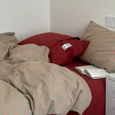 Red Beige Pin Stripe Cotton Duvet Cover Set 2 Sizes  All Seasons