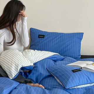 Blue Double-Sided Stripe Cotton Duvet Cover Set   Bed Cover  All Seasons