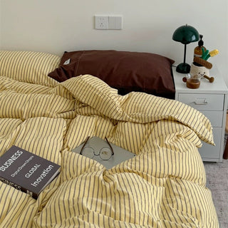 Yellow Brown Pin Stripe Cotton Duvet Cover Set 2 Sizes  All Seasons
