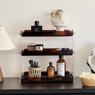 Clear Brown Acrylic Three-Tier Storage Display Rack for Cosmetics and Perfumes