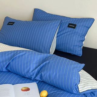 Blue Double-Sided Stripe Cotton Duvet Cover Set   Bed Cover  All Seasons