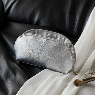Simple Leather Half-Moon Shaped Cosmetic Storage Pouch  Silver Small